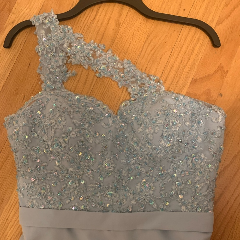 Womens blue one shoulder lace and bead embellished dress with rhinestones